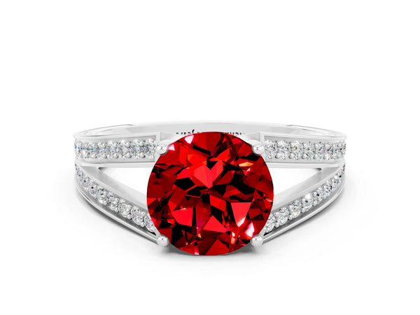 Silver Round Cut Ruby Split Shank Ring with Pavé Band and Four-Prong Setting