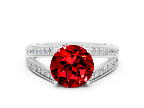 White gold Round Cut Ruby Split Shank Ring with Pavé Band and Four-Prong Setting