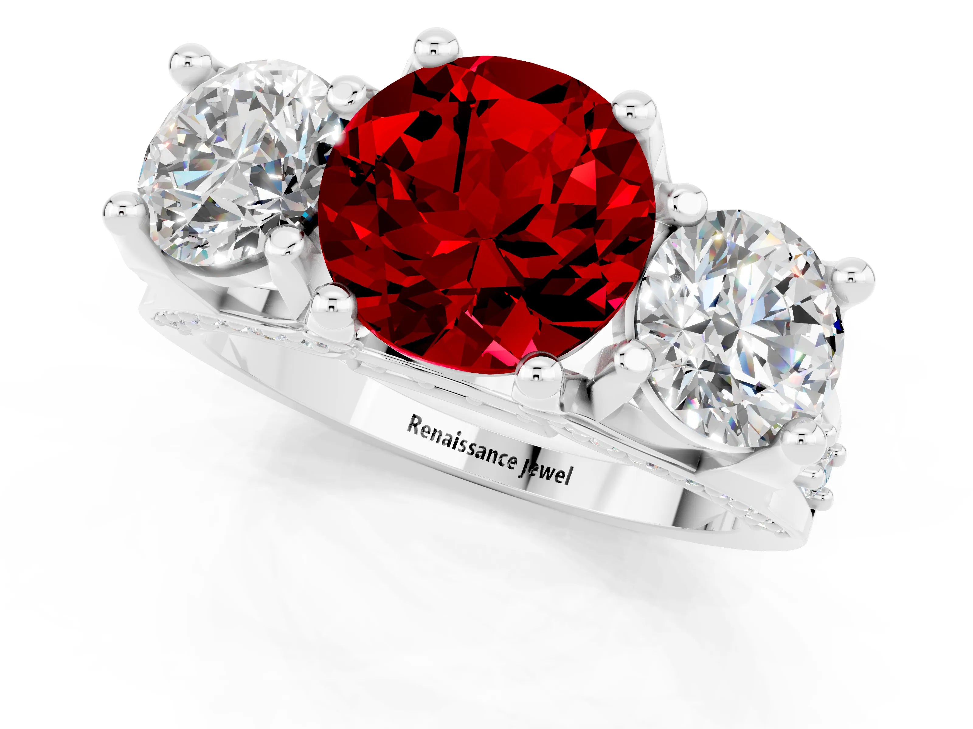 White gold Round Cut Ruby Three-Stone Ring with Channel Set Band and Four-Prong Setting_1