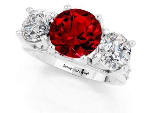 White gold Round Cut Ruby Three-Stone Ring with Channel Set Band and Four-Prong Setting_1