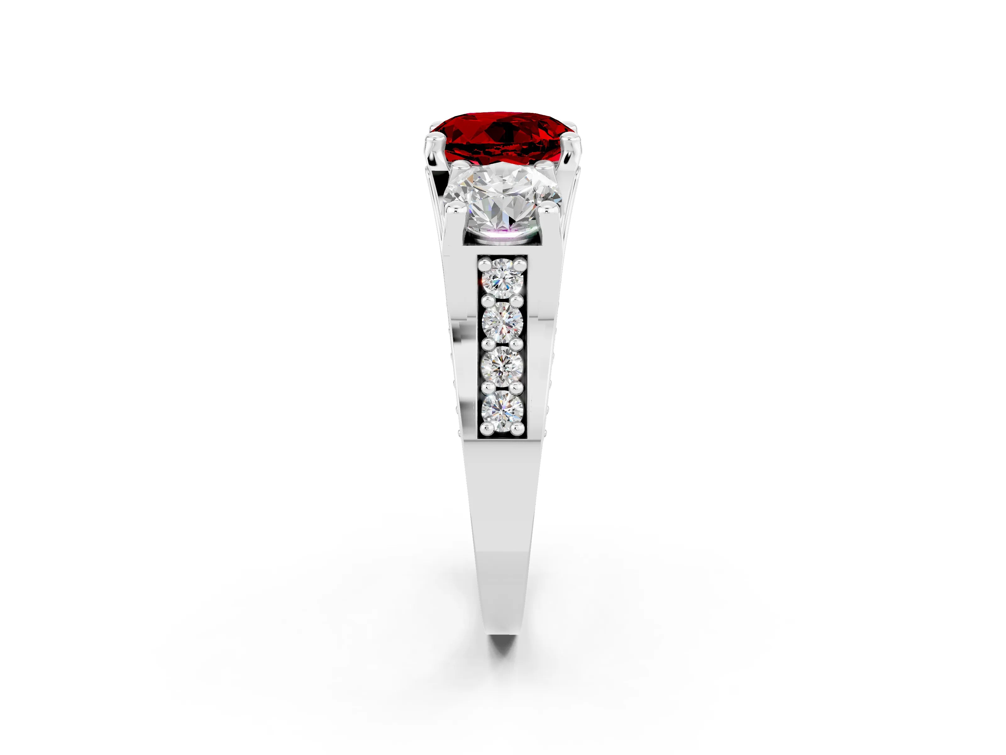White gold Round Cut Ruby Three-Stone Ring with Channel Set Band and Four-Prong Setting_2