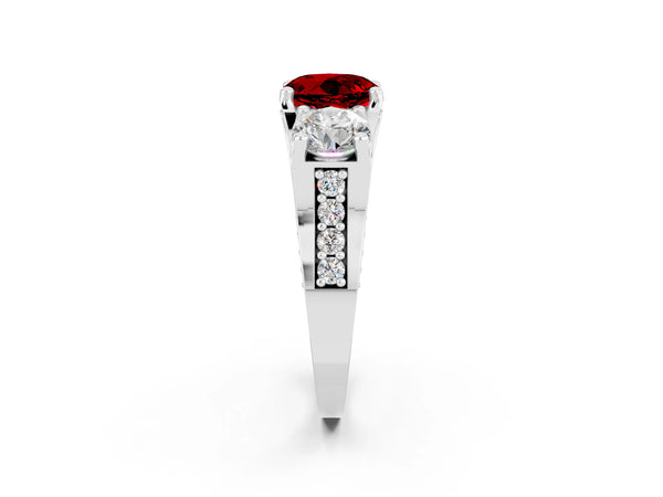 White gold Round Cut Ruby Three-Stone Ring with Channel Set Band and Four-Prong Setting