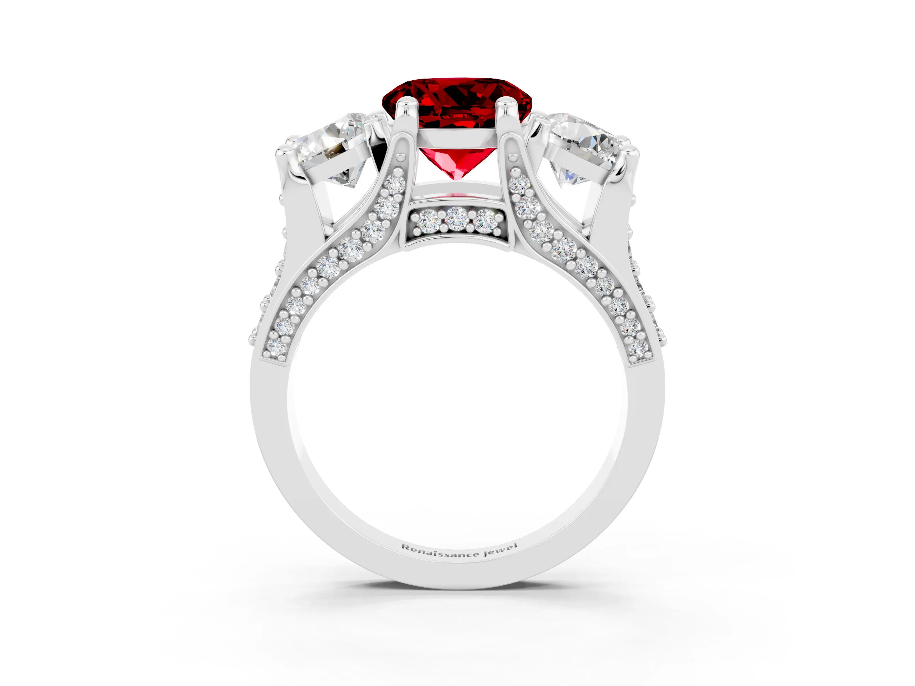 White gold Round Cut Ruby Three-Stone Ring with Channel Set Band and Four-Prong Setting_3