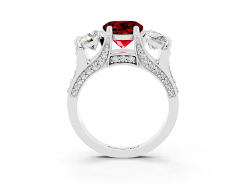 White gold Round Cut Ruby Three-Stone Ring with Channel Set Band and Four-Prong Setting_3
