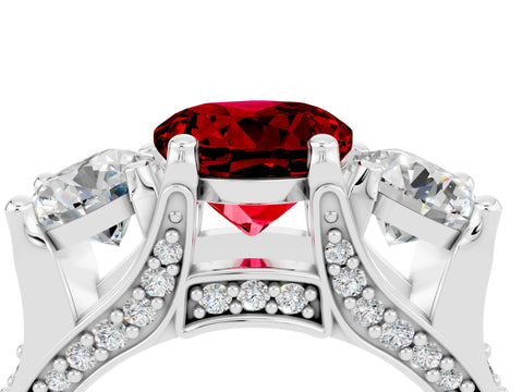 White gold Round Cut Ruby Three-Stone Ring with Channel Set Band and Four-Prong Setting_4