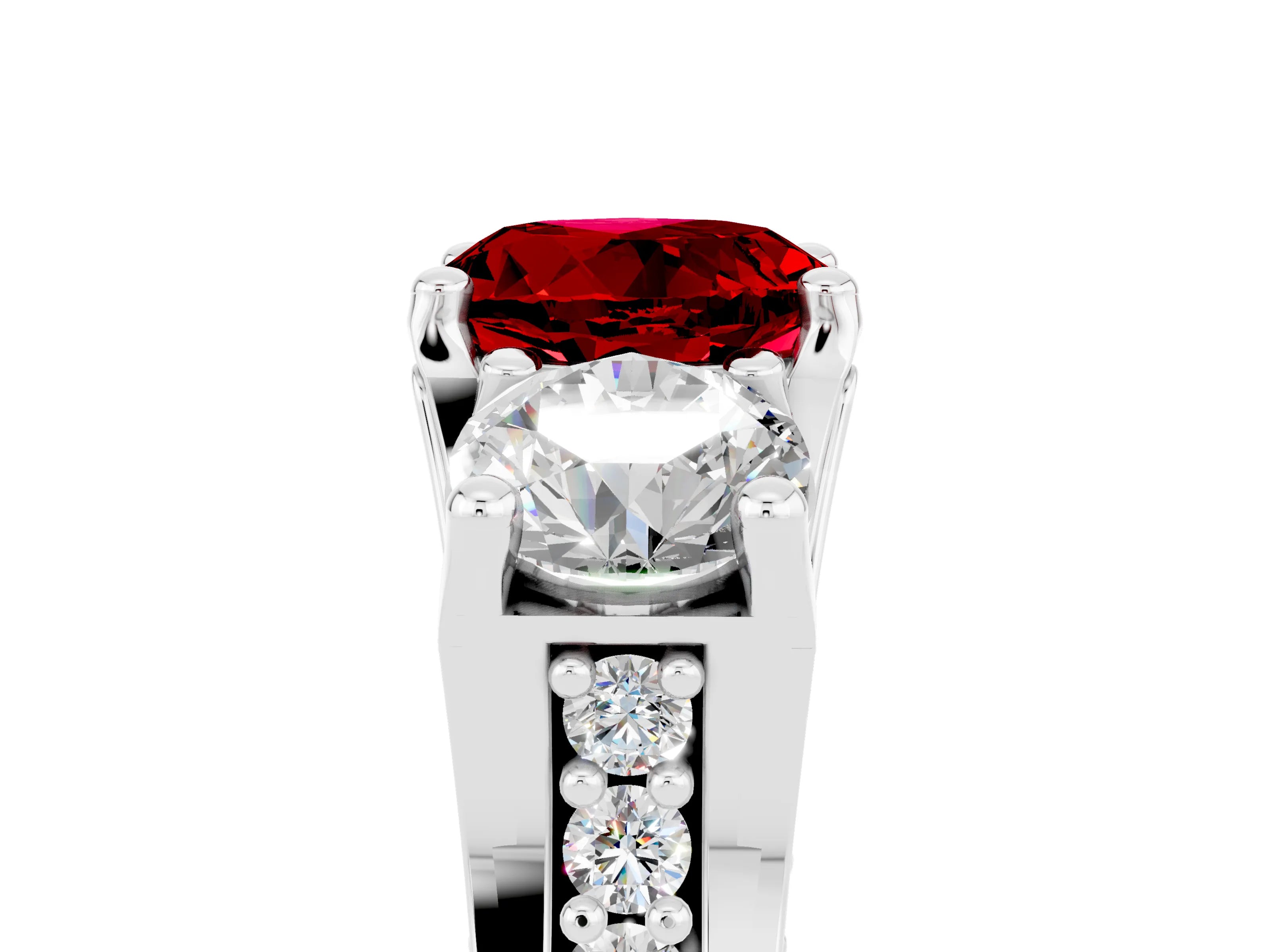 White gold Round Cut Ruby Three-Stone Ring with Channel Set Band and Four-Prong Setting_5