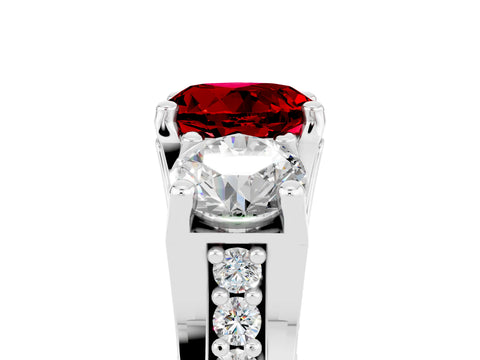 White gold Round Cut Ruby Three-Stone Ring with Channel Set Band and Four-Prong Setting_5