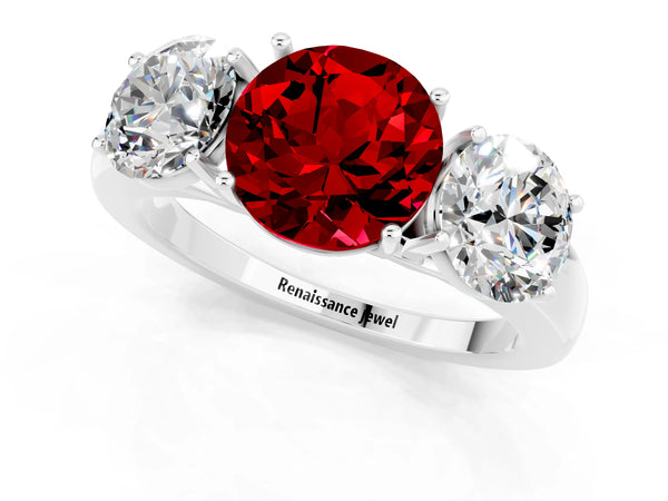 White gold Round Cut Ruby Three-Stone Ring with Four-Prong Setting and Classic Band