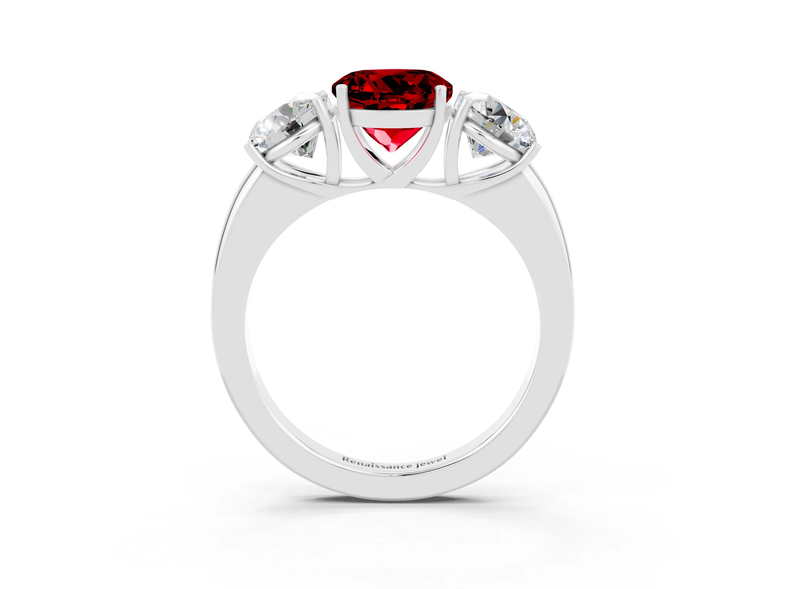 White gold Round Cut Ruby Three-Stone Ring with Four-Prong Setting and Classic Band_3