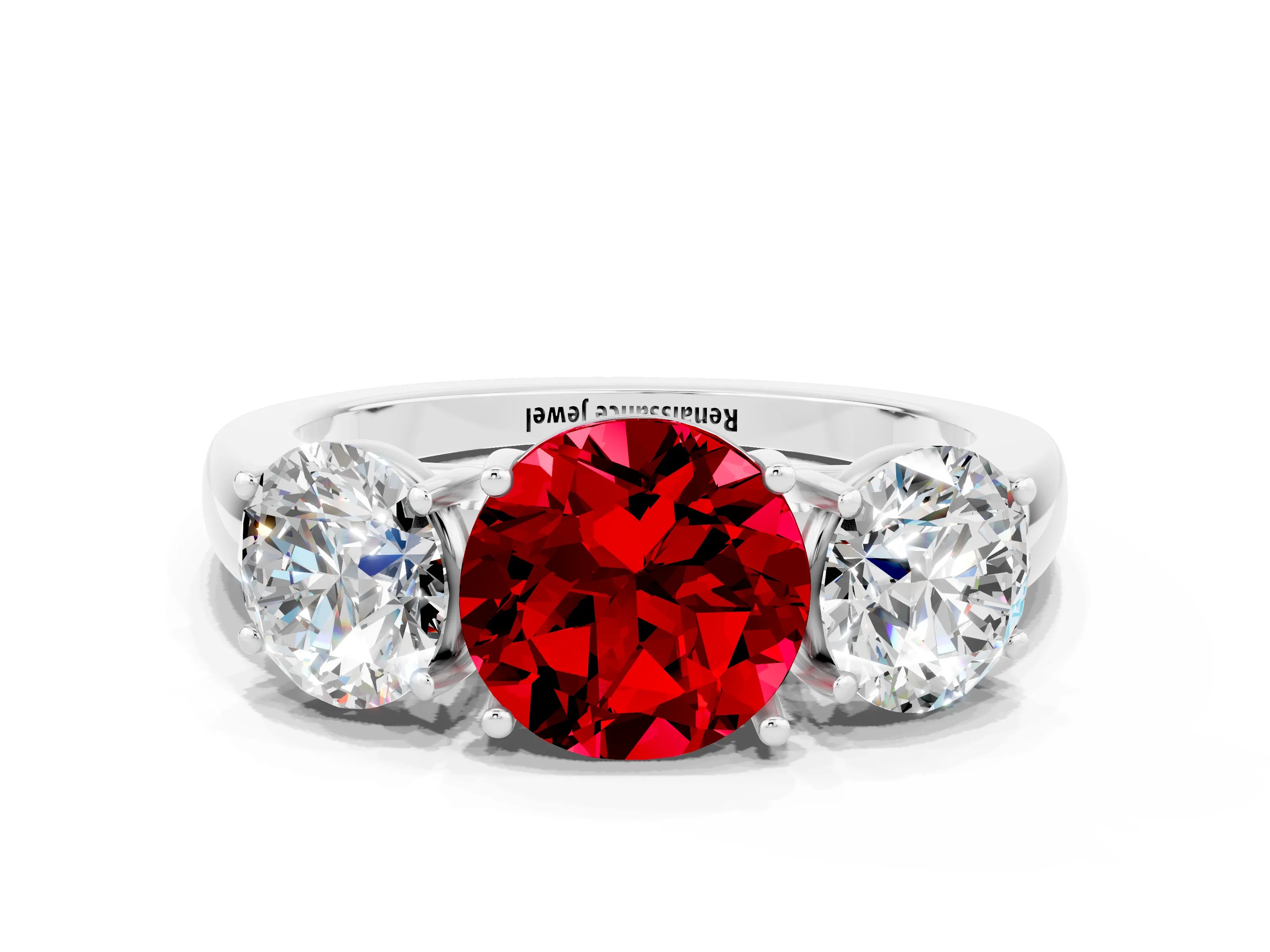 White gold Round Cut Ruby Three-Stone Ring with Four-Prong Setting and Classic Band