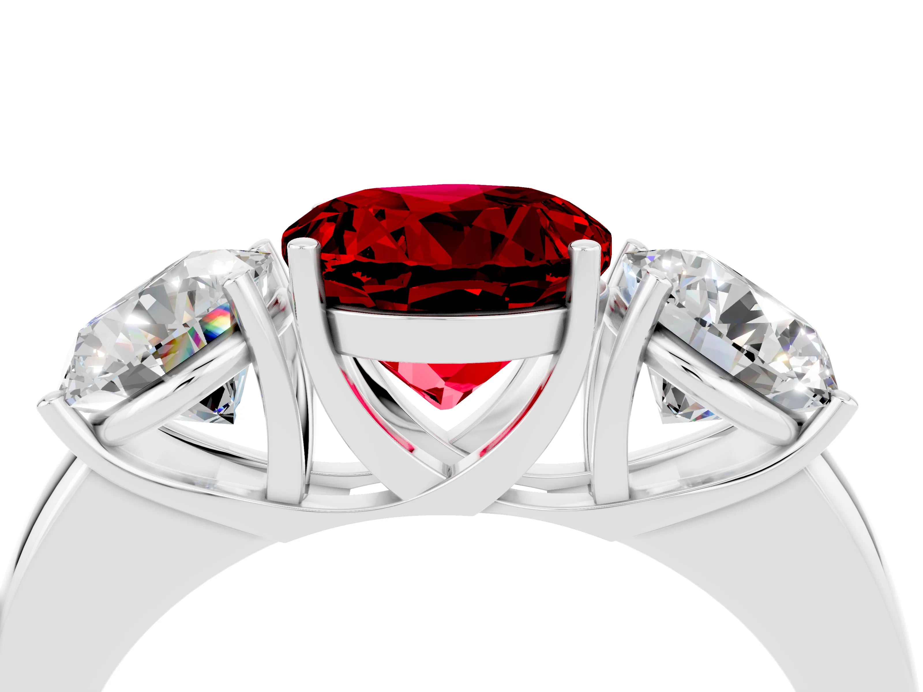 White gold Round Cut Ruby Three-Stone Ring with Four-Prong Setting and Classic Band_4