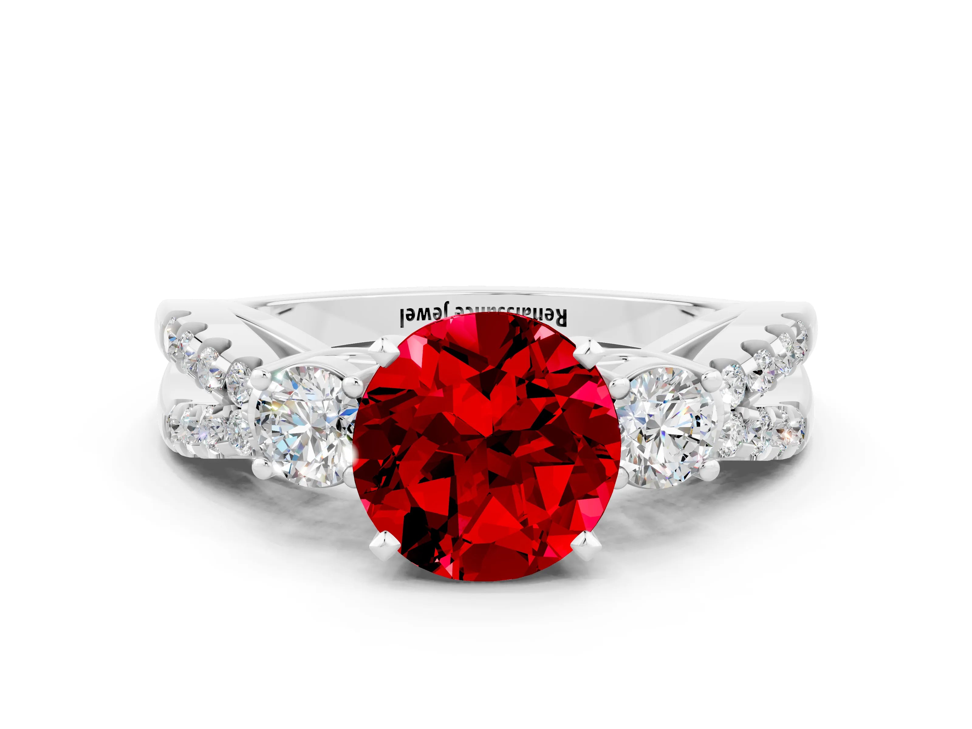 White gold Round Cut Ruby Three-Stone Ring with Pavé Split Shank and Four-Prong Setting