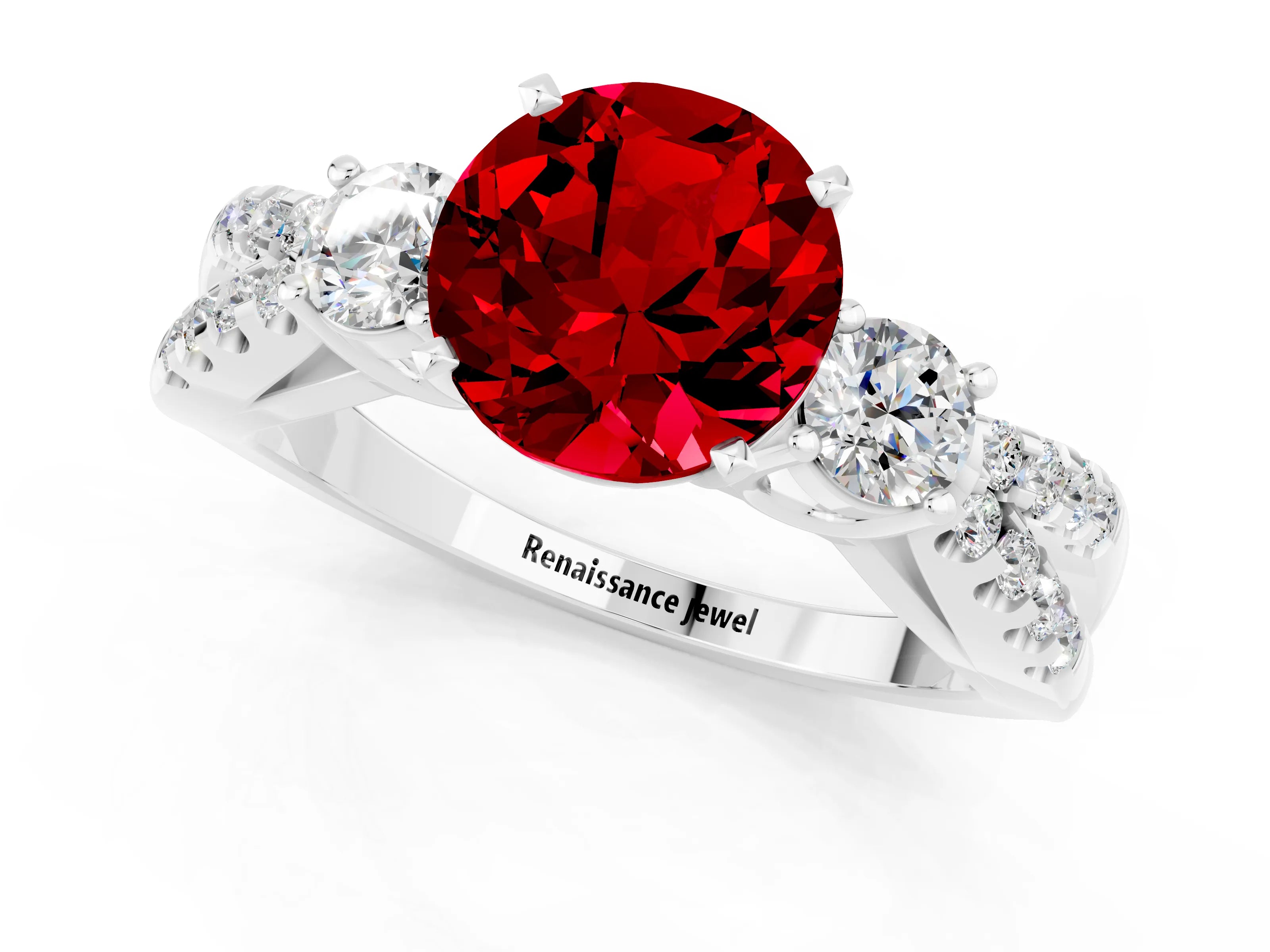 White gold Round Cut Ruby Three-Stone Ring with Pavé Split Shank and Four-Prong Setting_1