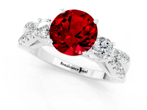 White gold Round Cut Ruby Three-Stone Ring with Pavé Split Shank and Four-Prong Setting_1