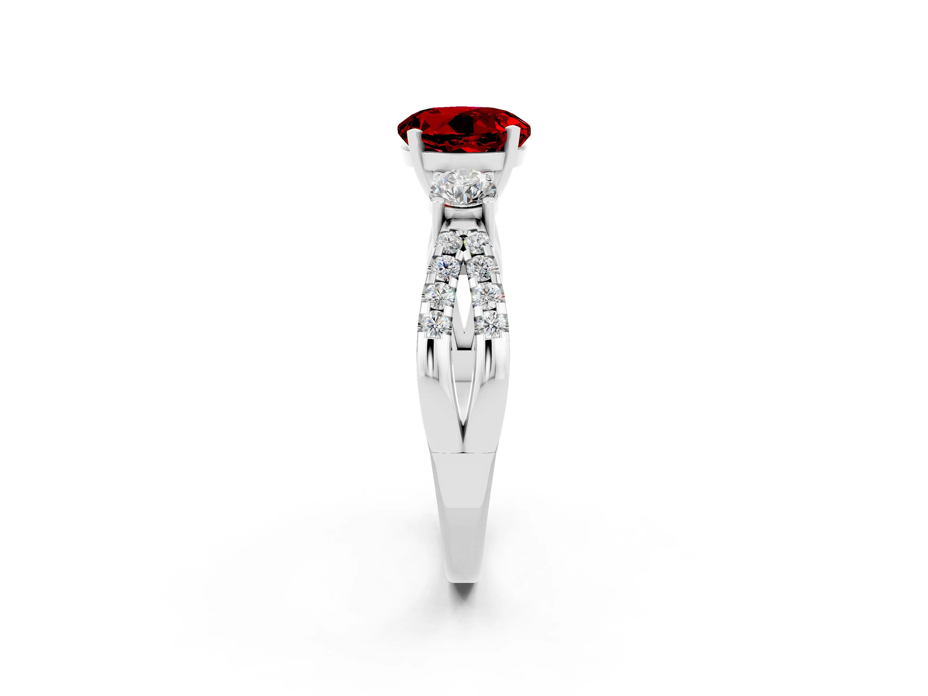 White gold Round Cut Ruby Three-Stone Ring with Pavé Split Shank and Four-Prong Setting_2