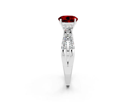 White gold Round Cut Ruby Three-Stone Ring with Pavé Split Shank and Four-Prong Setting_2