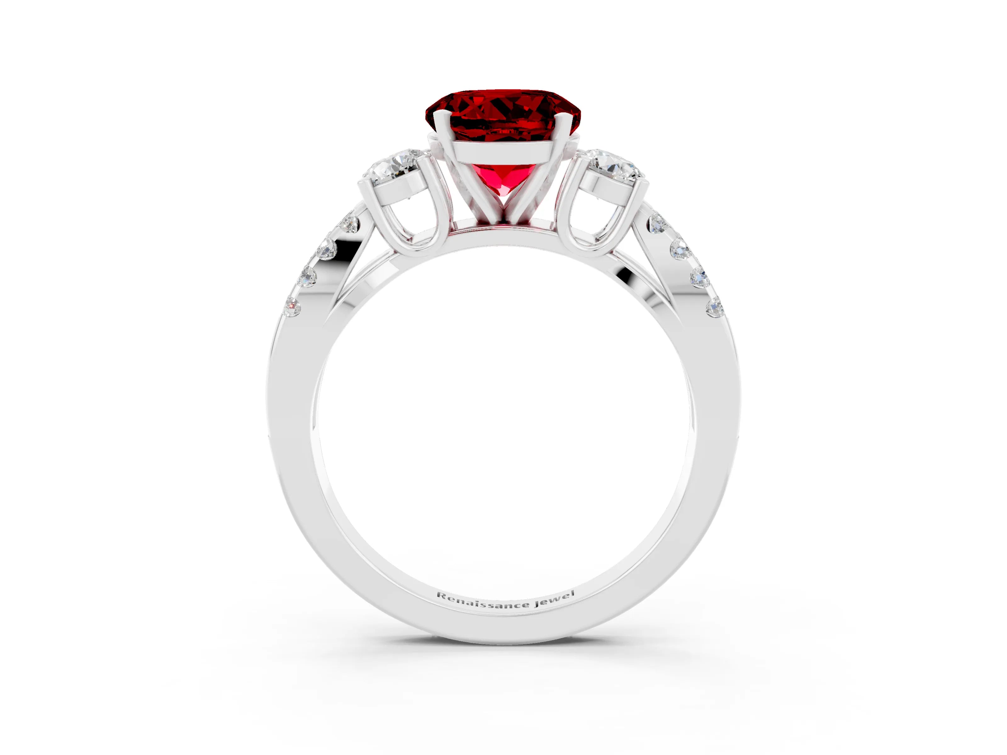 White gold Round Cut Ruby Three-Stone Ring with Pavé Split Shank and Four-Prong Setting_3