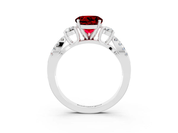 Platinum Round Cut Ruby Three-Stone Ring with Pavé Split Shank and Four-Prong Setting