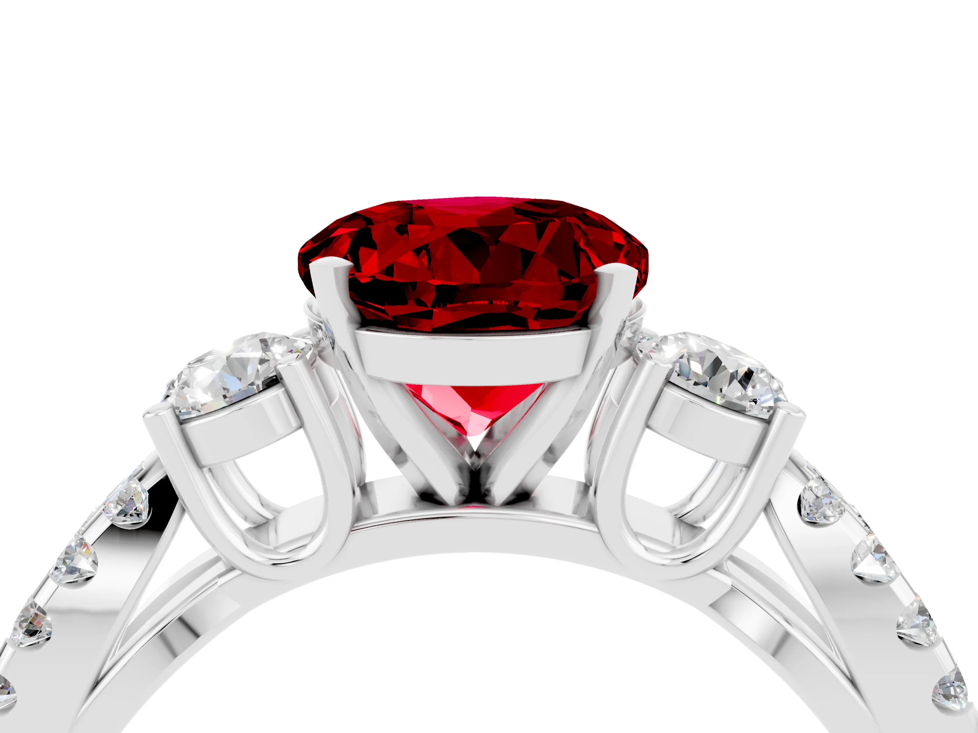 White gold Round Cut Ruby Three-Stone Ring with Pavé Split Shank and Four-Prong Setting_4