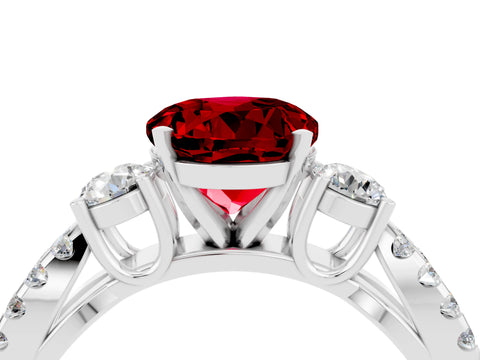 White gold Round Cut Ruby Three-Stone Ring with Pavé Split Shank and Four-Prong Setting_4