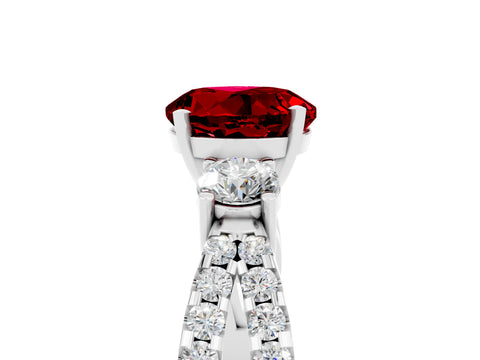 White gold Round Cut Ruby Three-Stone Ring with Pavé Split Shank and Four-Prong Setting_5
