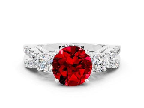 White gold Round Cut Ruby Three-Stone Ring with Pavé Split Shank and Four-Prong Setting