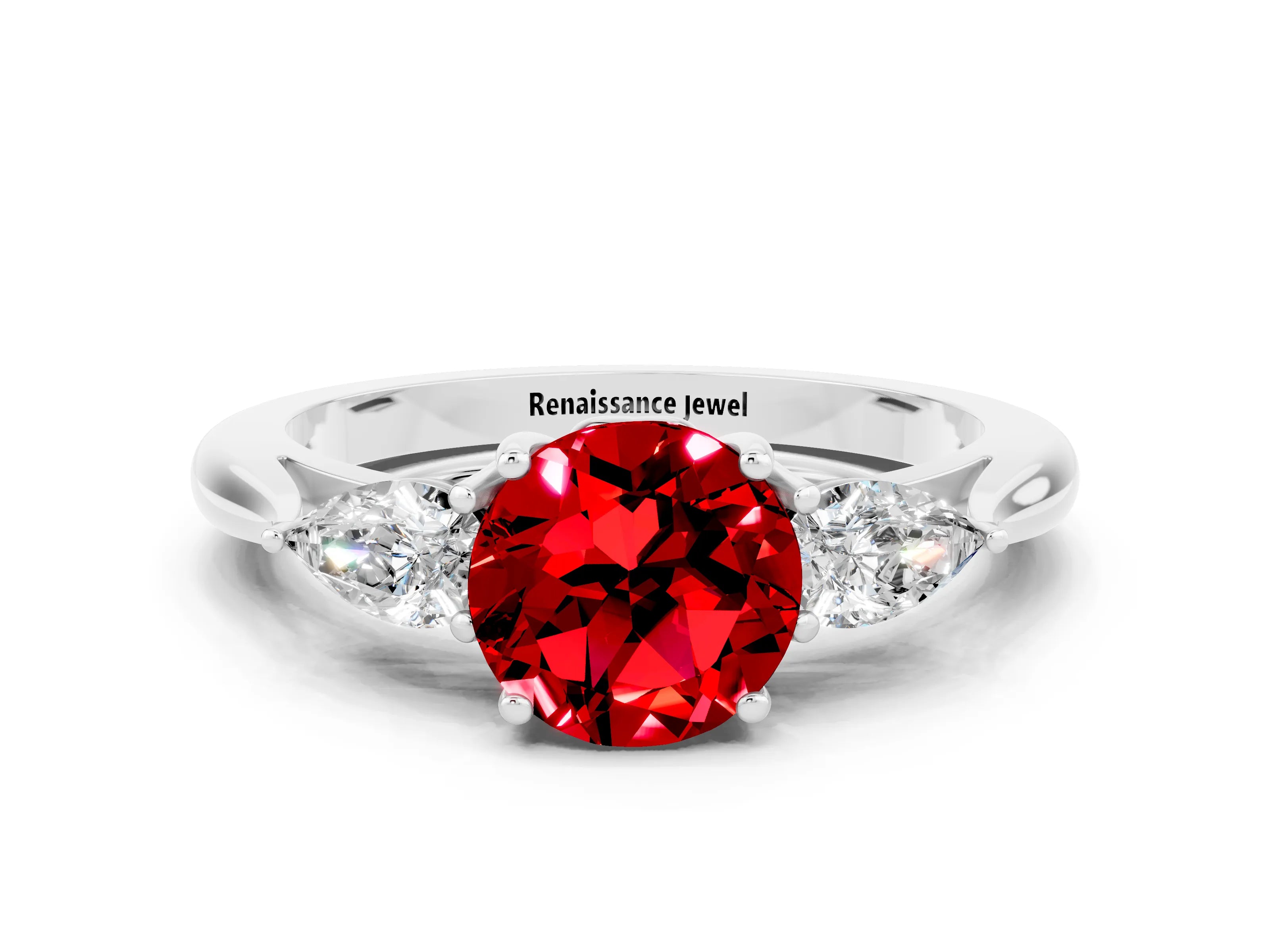 White gold Round Cut Ruby Three-Stone Ring with Pear Side Stones and Four-Prong Setting_12