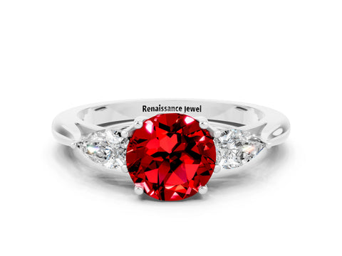 White gold Round Cut Ruby Three-Stone Ring with Pear Side Stones and Four-Prong Setting_12