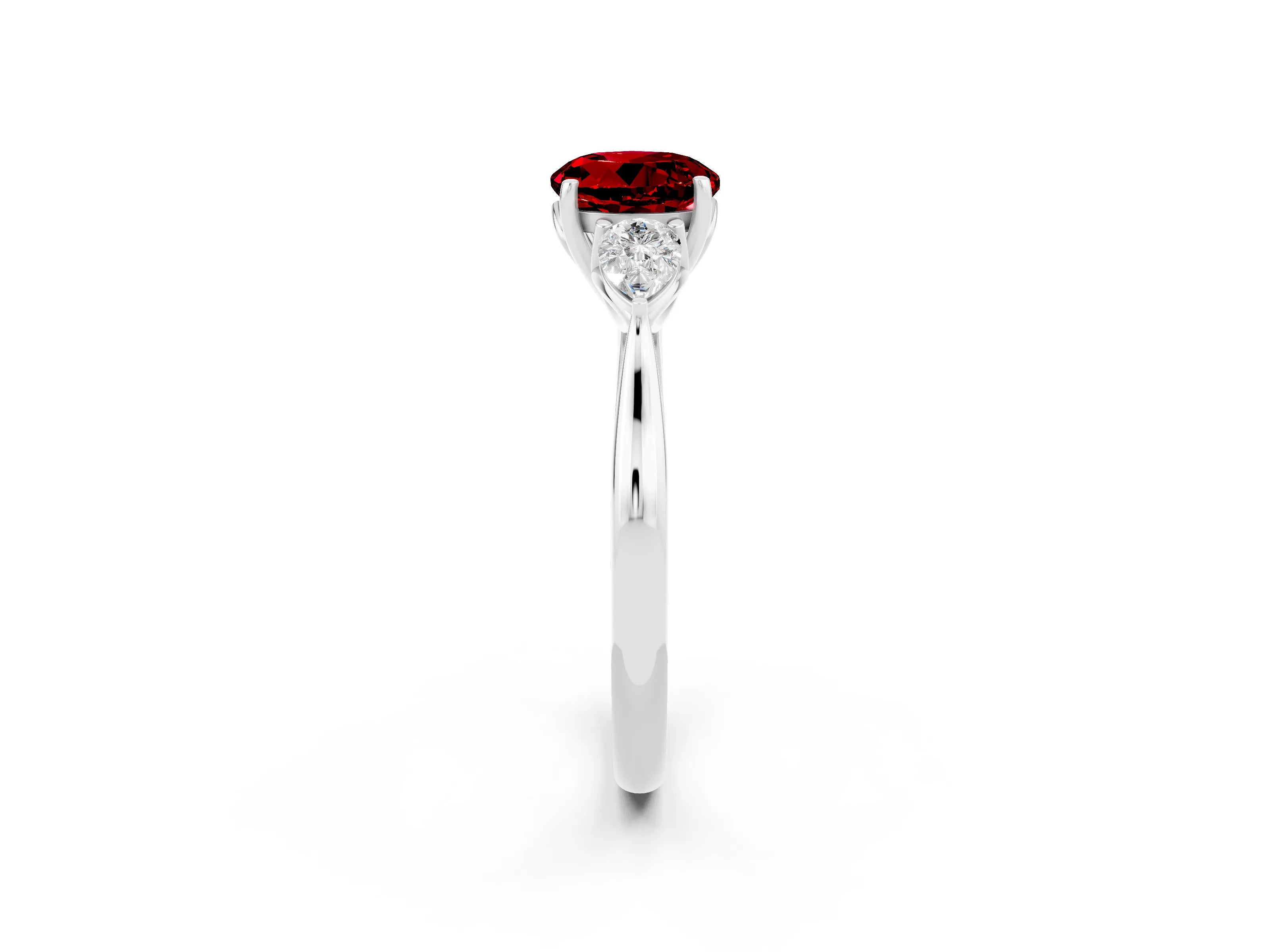 White gold Round Cut Ruby Three-Stone Ring with Pear Side Stones and Four-Prong Setting_14