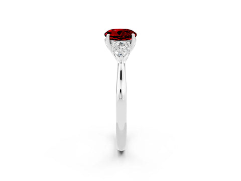 White gold Round Cut Ruby Three-Stone Ring with Pear Side Stones and Four-Prong Setting_14
