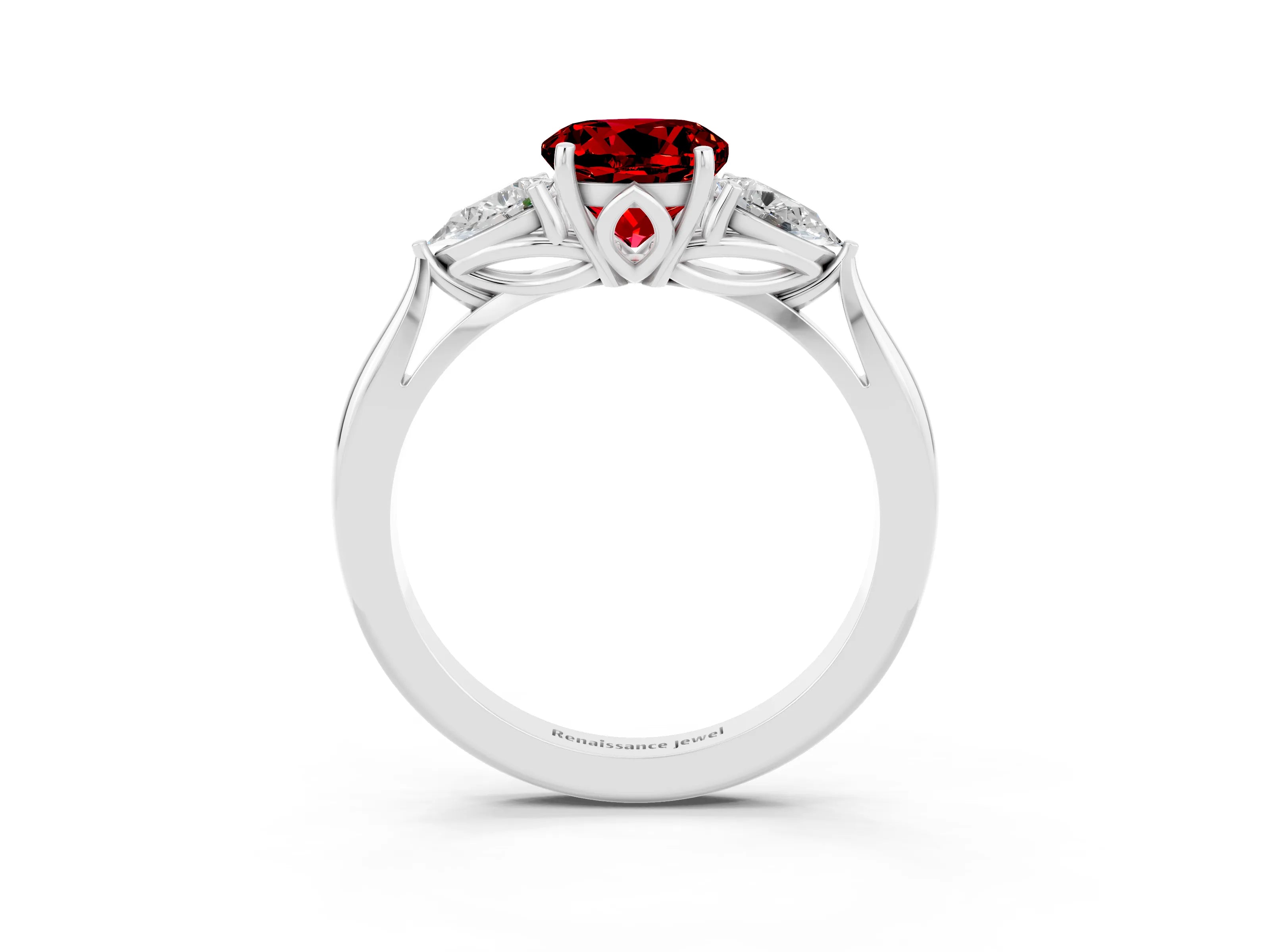 White gold Round Cut Ruby Three-Stone Ring with Pear Side Stones and Four-Prong Setting_15