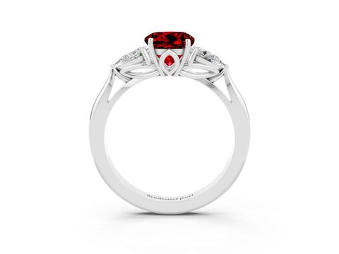 White gold Round Cut Ruby Three-Stone Ring with Pear Side Stones and Four-Prong Setting_15