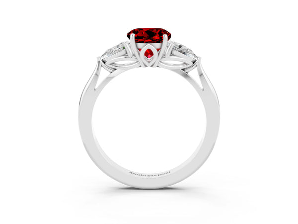 Silver Round Cut Ruby Three-Stone Ring with Pear  Side Stones and Prong Setting