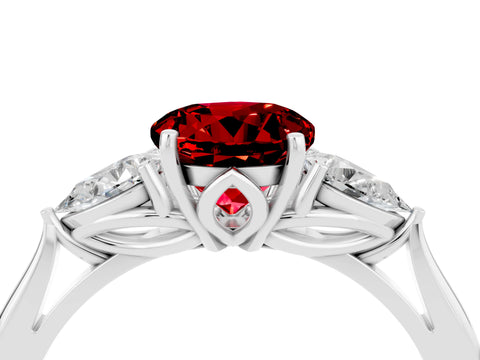White gold Round Cut Ruby Three-Stone Ring with Pear Side Stones and Four-Prong Setting_16