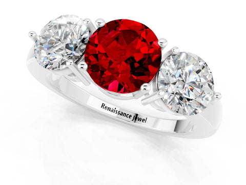 White gold Round Cut Ruby Three-Stone Ring with Prong Setting and Classic Band_1