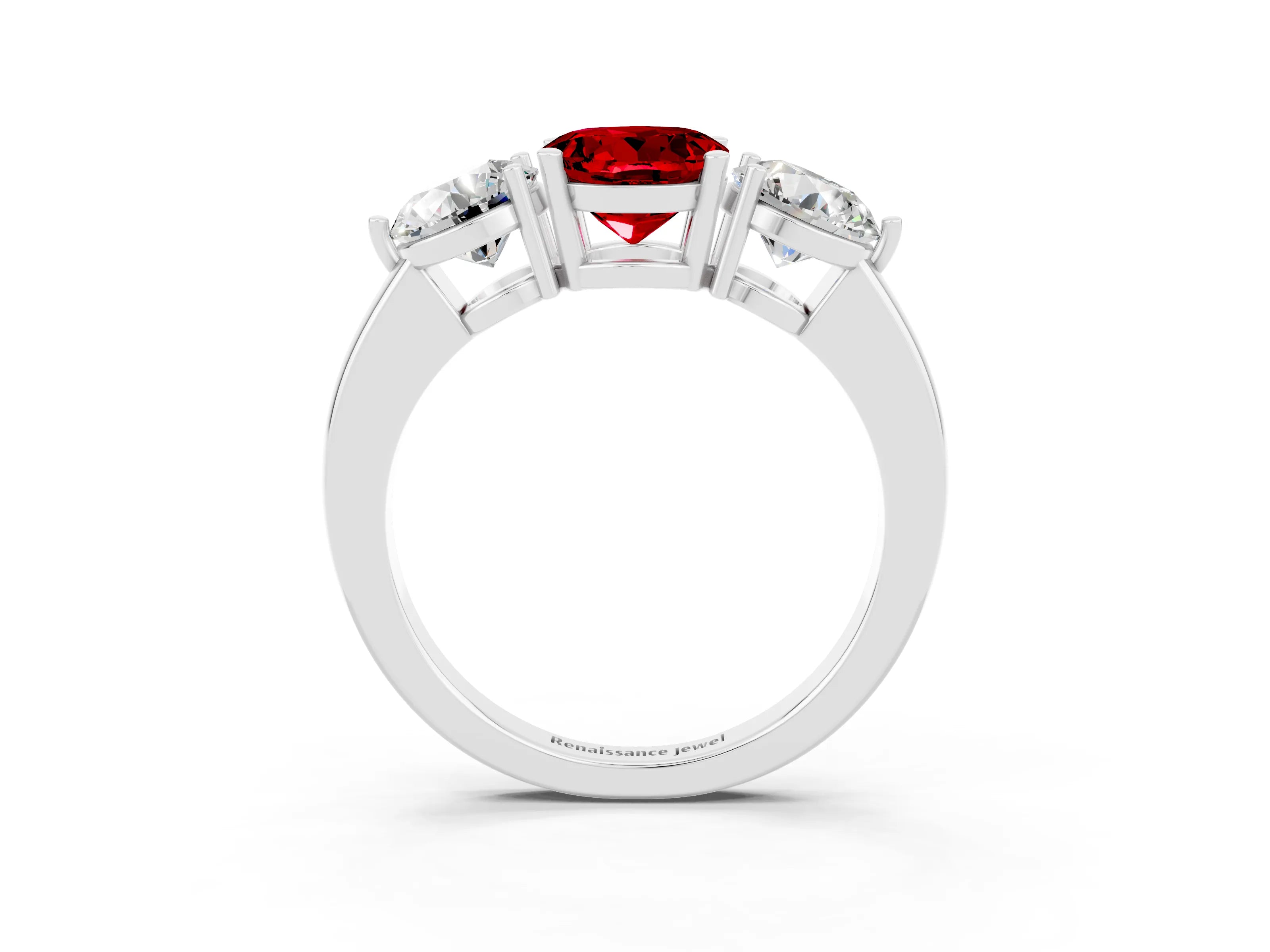 White gold Round Cut Ruby Three-Stone Ring with Prong Setting and Classic Band_3