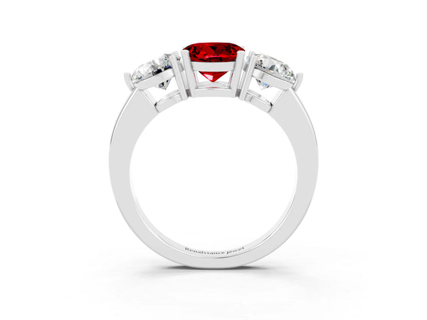 Silver Round Cut Ruby Three-Stone Ring with Prong Setting and Classic Band