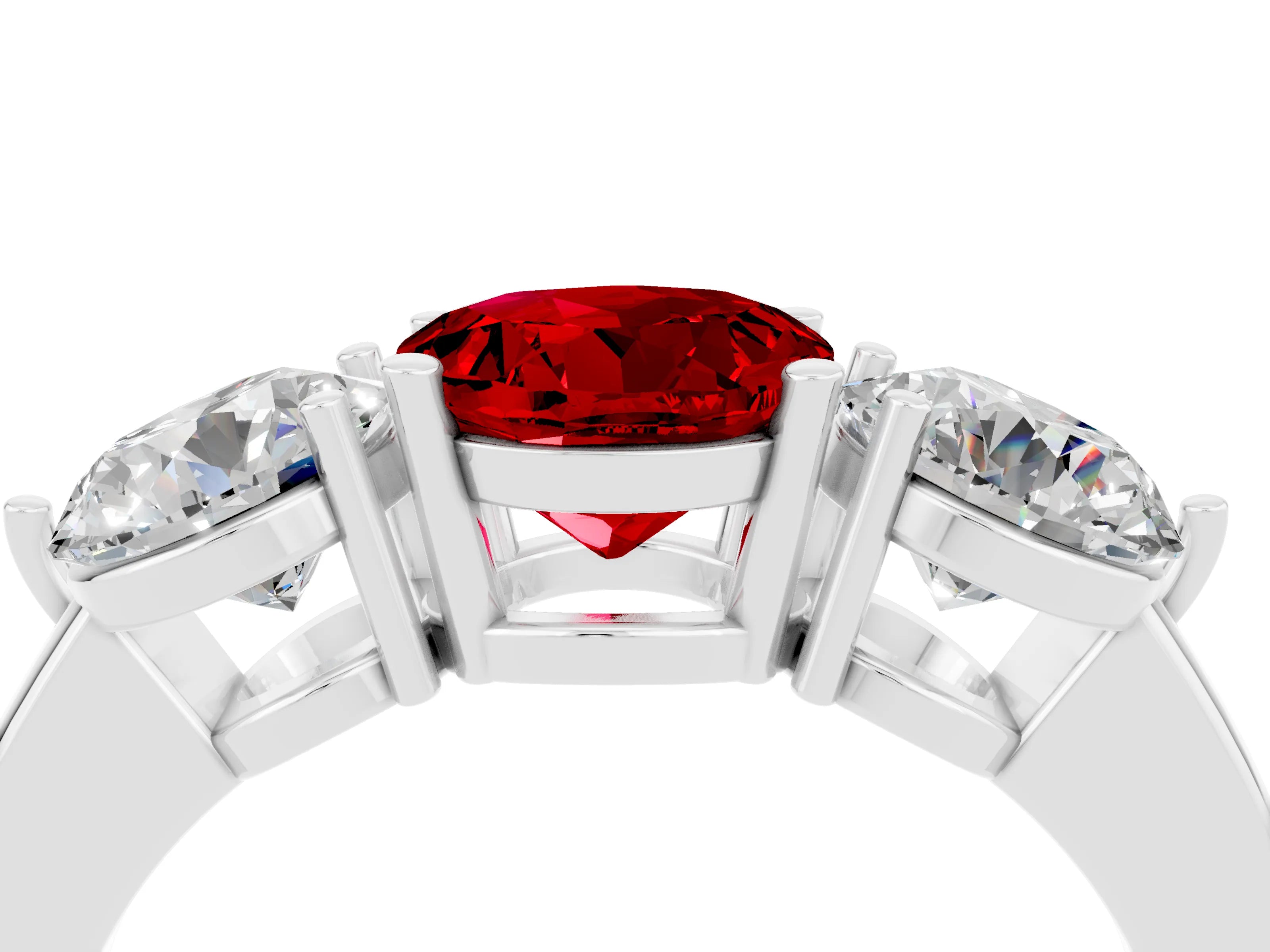 White gold Round Cut Ruby Three-Stone Ring with Prong Setting and Classic Band_4