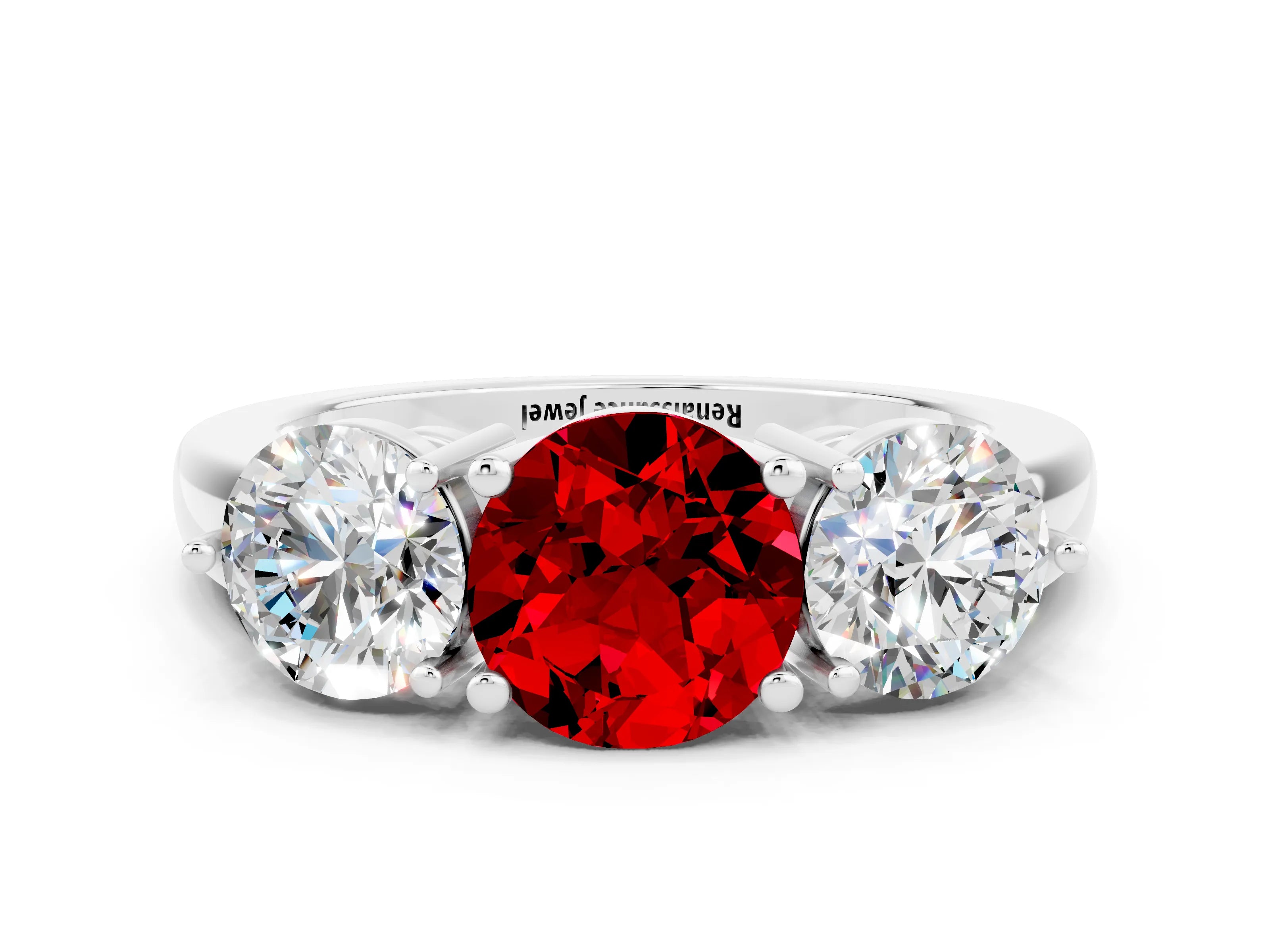 White gold Round Cut Ruby Three-Stone Ring with Prong Setting and Classic Band