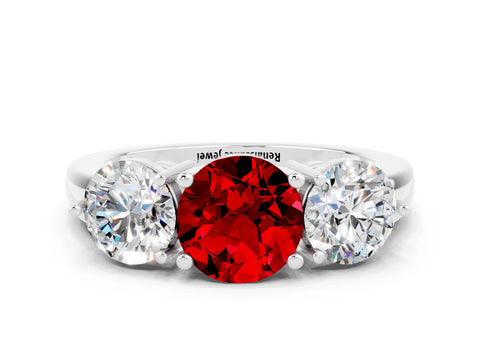 White gold Round Cut Ruby Three-Stone Ring with Prong Setting and Classic Band