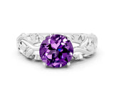 White gold Round Cut Solitaire Amethyst Leaf-Inspired Vine Band Ring with Prong Setting