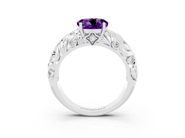 Silver Round Cut Solitaire Amethyst Leaf-Inspired Vine Band Ring with Prong Setting