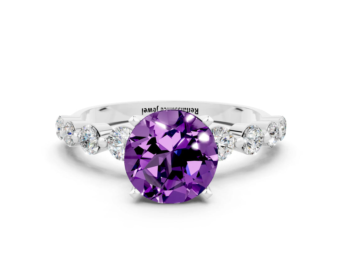 White gold Round Cut Solitaire Amethyst Ring with Pave Band and Four-Prong Setting