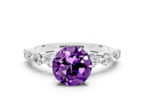 White gold Round Cut Solitaire Amethyst Ring with Pave Band and Four-Prong Setting