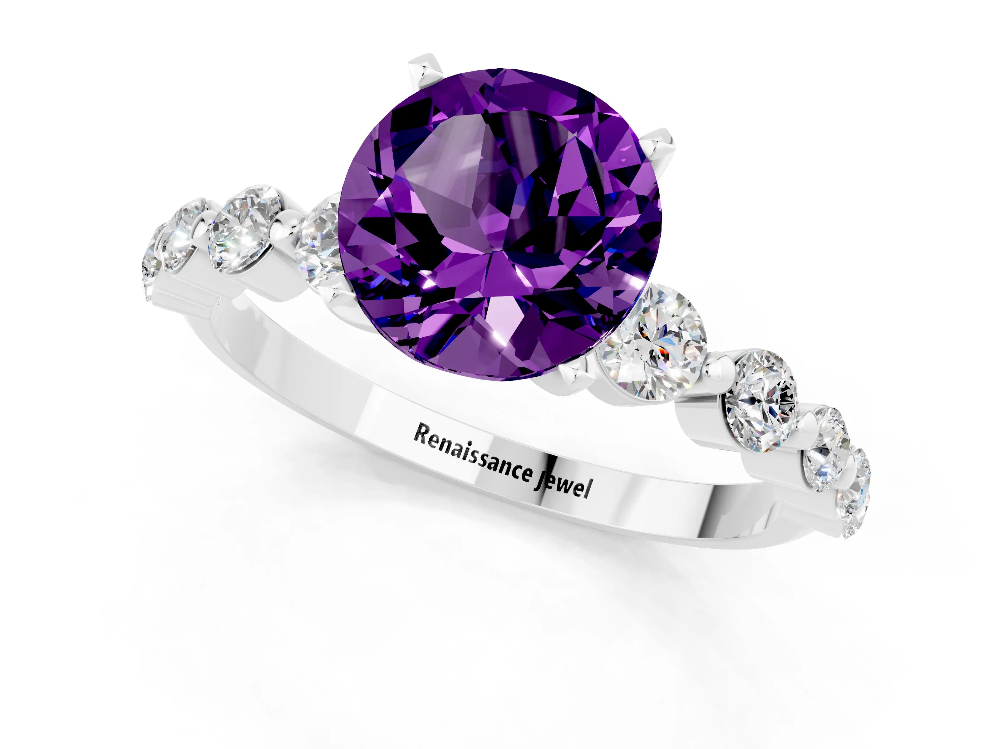 White gold Round Cut Solitaire Amethyst Ring with Pave Band and Four-Prong Setting_1