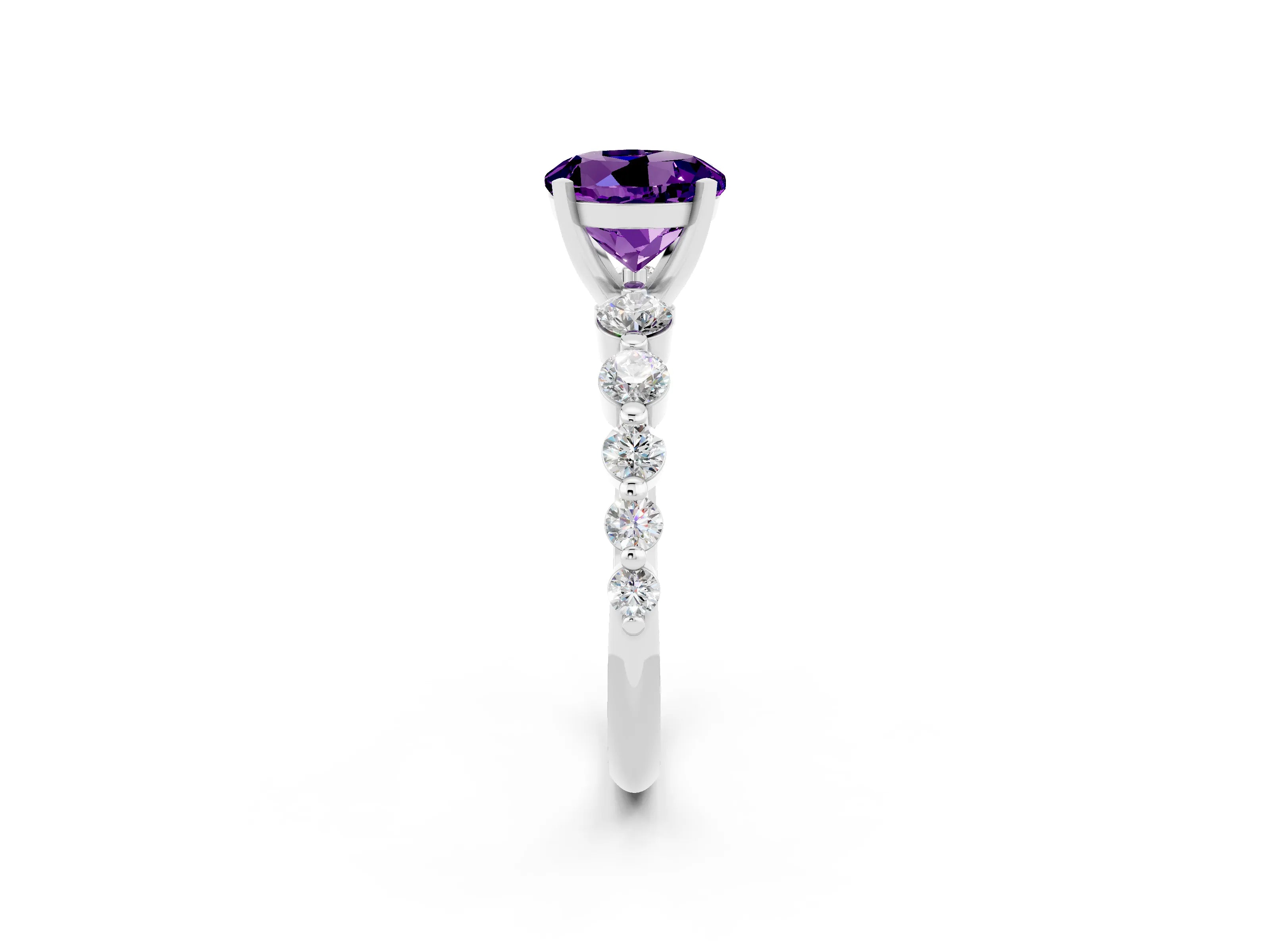White gold Round Cut Solitaire Amethyst Ring with Pave Band and Four-Prong Setting_2
