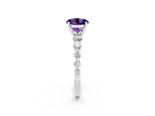 Silver Round Cut Solitaire Amethyst Ring with Pave Band and Four-Prong Setting