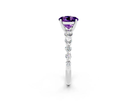 White gold Round Cut Solitaire Amethyst Ring with Pave Band and Four-Prong Setting_2