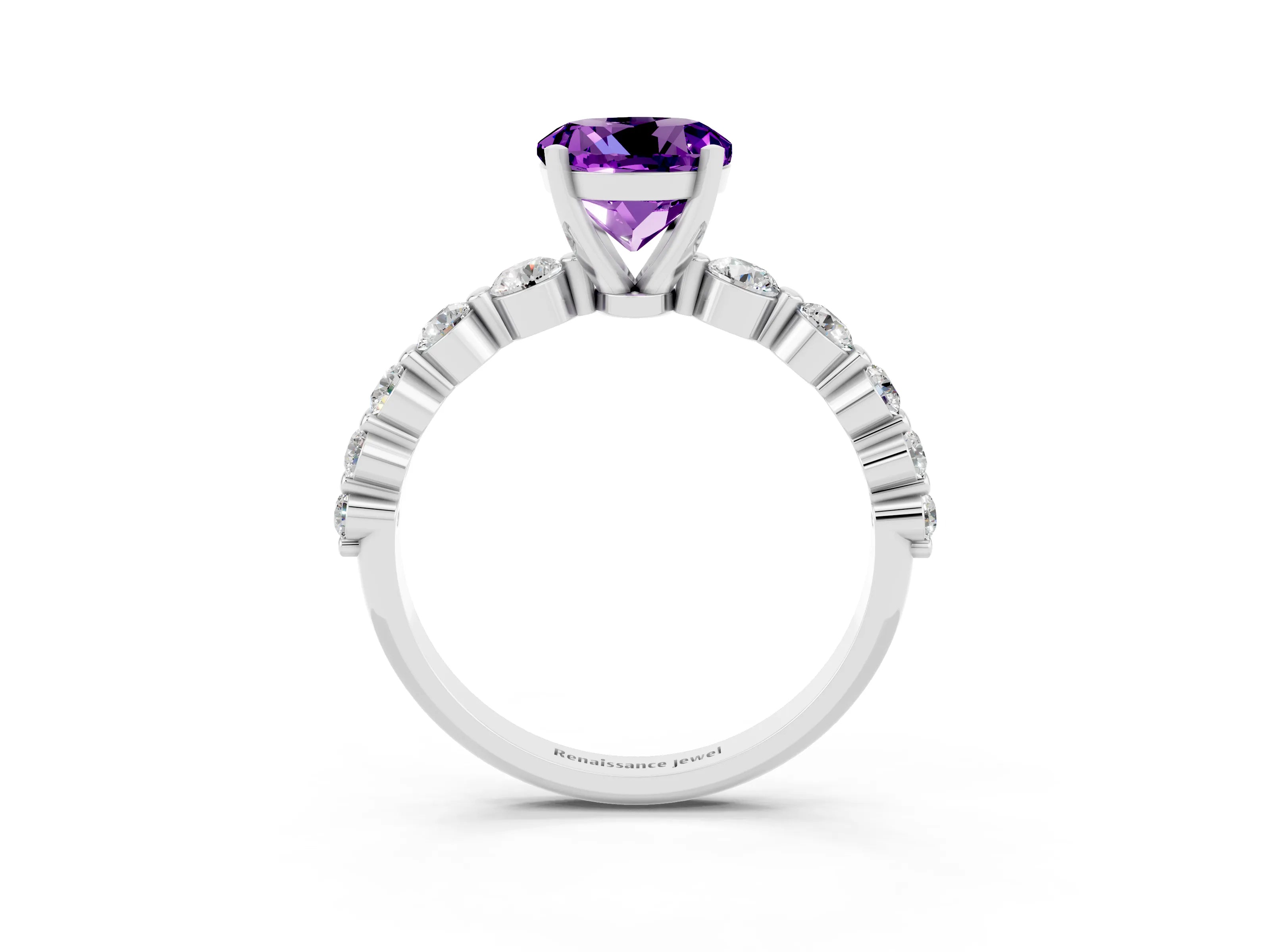 White gold Round Cut Solitaire Amethyst Ring with Pave Band and Four-Prong Setting_3