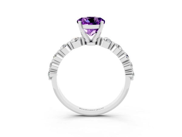 Platinum Round Cut Solitaire Amethyst Ring with Pave Band and Four-Prong Setting